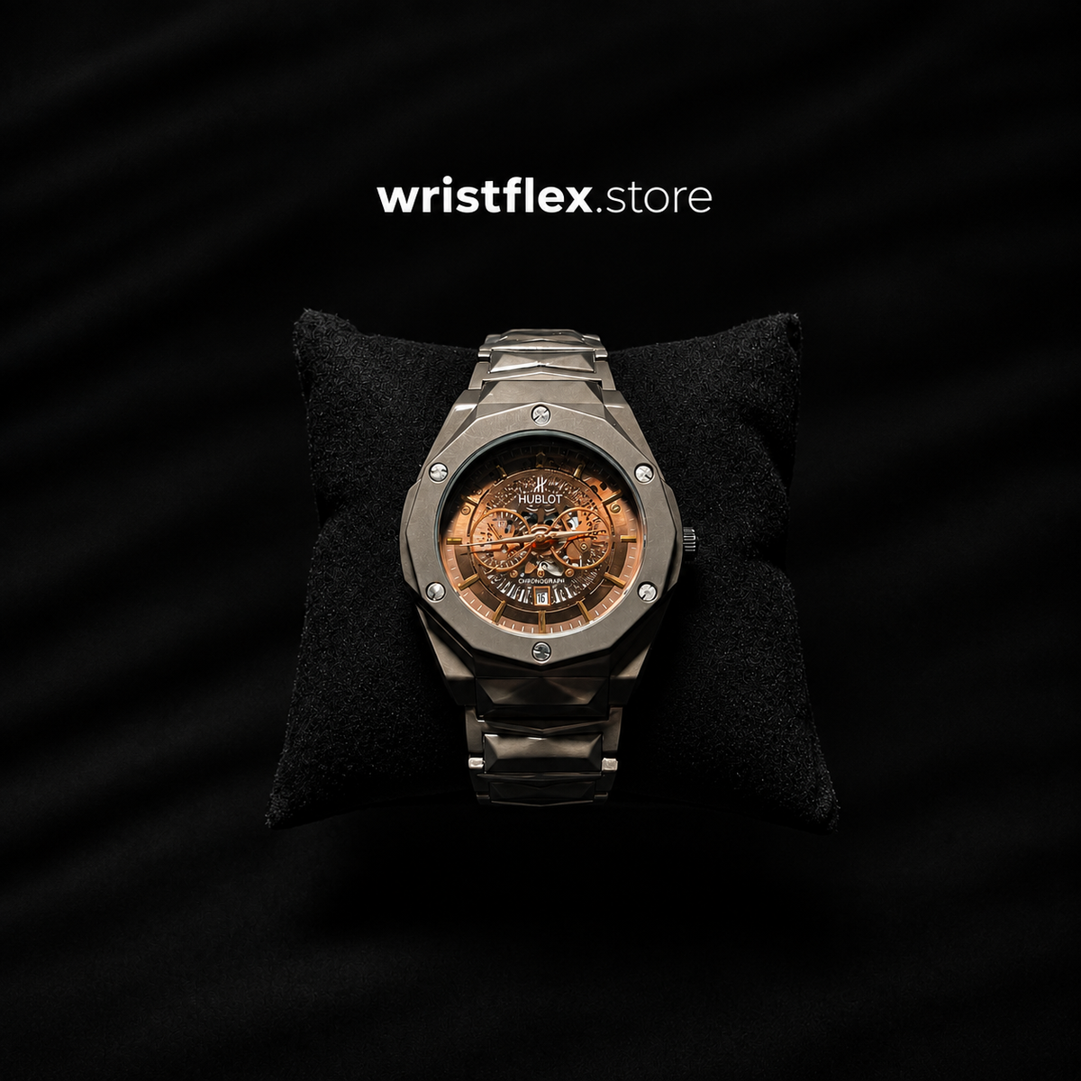 Hublot-Style Rose Gold Skeleton Chronograph