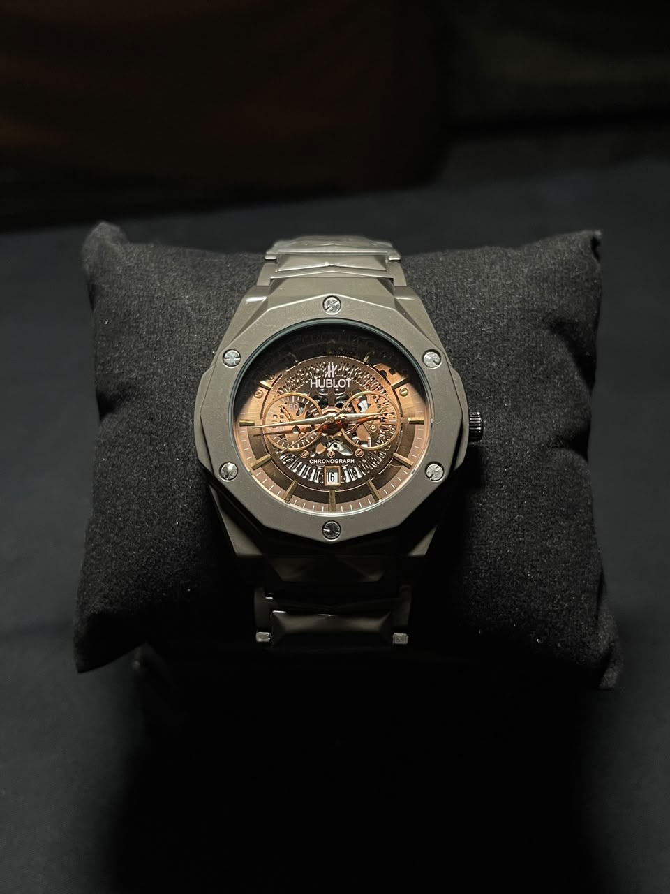 Hublot-Style Rose Gold Skeleton Chronograph